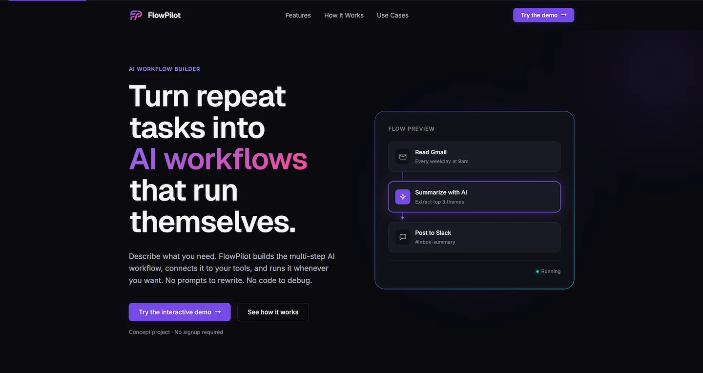 FlowPilot product page hero — Turn repeat tasks into AI workflows that run themselves
